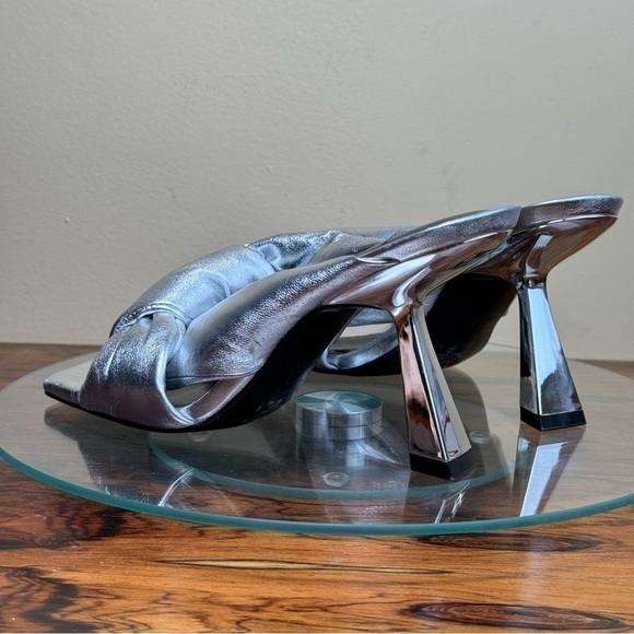 MARC FISHER Silver Knot Dellian Square Toe Slip On Leather Heeled Sandal - Picture 9 of 15